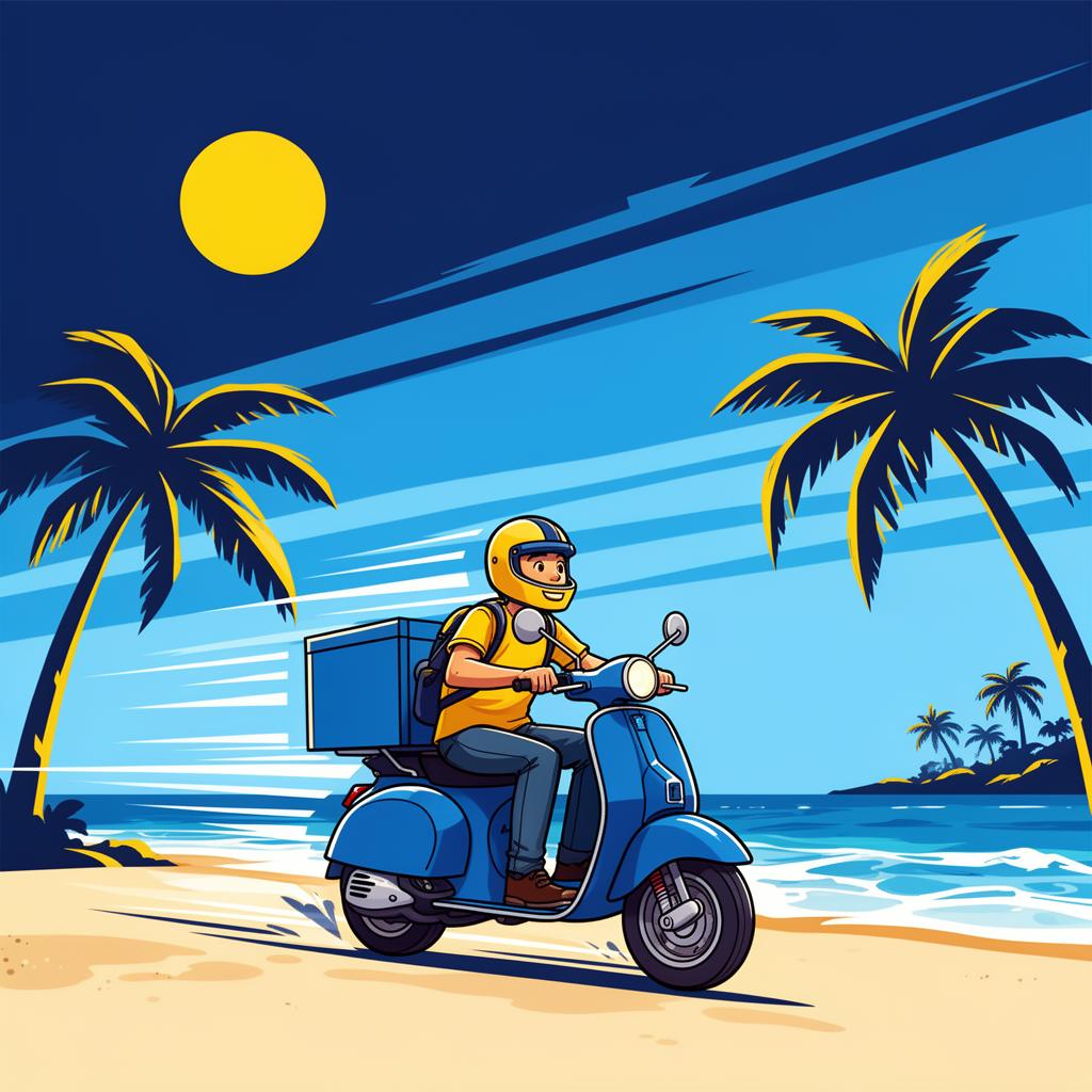 Island Rush delivery rider at sunset